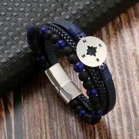 Classical Vintage Style Roman Style Compass Stainless Steel Pu Leather Natural Stone Men's Bracelets sku image 3