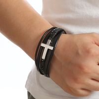 Hip-hop Simple Style Roman Style Cross Stainless Steel Pu Leather Men's Bracelets main image 5