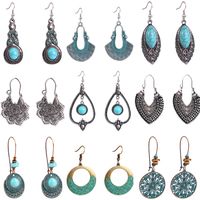 1 Pair Bohemian Water Droplets Heart Shape Flower Hollow Out Inlay Alloy Turquoise Drop Earrings main image 1