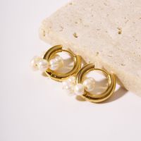 1 Pair French Style British Style Round Plating 201 Stainless Steel Freshwater Pearl 18K Gold Plated Earrings main image 1