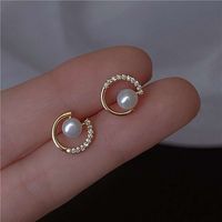 1 Pair Simple Style Round Inlay Alloy Pearl Zircon Drop Earrings main image 1