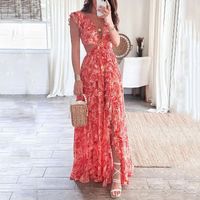 Femmes Robe Régulière Vacances Col En V Évider Sans Manches Fleur Maxi Longue Robe Vacances Voyage main image 1