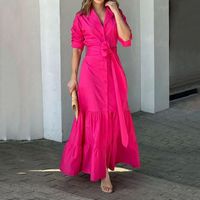 Women's Regular Dress Casual Turndown Belt 3/4 Length Sleeve Solid Color Maxi Long Dress Daily main image 1