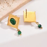 1 Pair Retro French Style Rhombus Plating Inlay 304 Stainless Steel Natural Stone 14K Gold Plated Drop Earrings main image 3