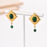 1 Pair Retro French Style Rhombus Plating Inlay 304 Stainless Steel Natural Stone 14K Gold Plated Drop Earrings main image 4