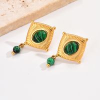 1 Pair Retro French Style Rhombus Plating Inlay 304 Stainless Steel Natural Stone 14K Gold Plated Drop Earrings main image 2