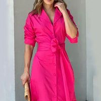 Women's Regular Dress Casual Turndown Belt 3/4 Length Sleeve Solid Color Maxi Long Dress Daily main image 4