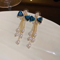 1 Pair Elegant Simple Style Leaf Flower Bow Knot Inlay Imitation Pearl Alloy Rhinestones Drop Earrings main image 2