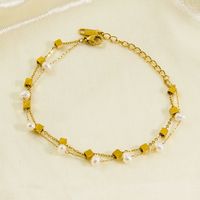 Lady Ball Stainless Steel Natural Stone Freshwater Pearl 14K Gold Plated Bracelets In Bulk sku image 5