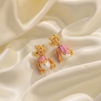 1 Pair Vacation Sweet Flower Enamel Plating Inlay Copper Artificial Pearls 18k Gold Plated Drop Earrings main image 6