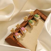 1 Pair Vacation Sweet Flower Enamel Plating Inlay Copper Artificial Pearls 18k Gold Plated Drop Earrings main image 1