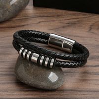 Glam Classical Solid Color Solid Color Stainless Steel Pu Leather Handmade Men's Bangle main image 4
