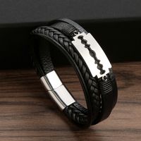 Glam Luxurious Solid Color Blade Solid Color Stainless Steel Pu Leather Handmade Men's Bangle main image 1