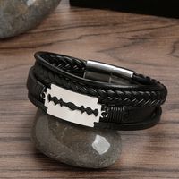 Glam Luxurious Solid Color Blade Solid Color Stainless Steel Pu Leather Handmade Men's Bangle main image 2