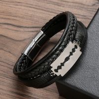 Glam Luxurious Solid Color Blade Solid Color Stainless Steel Pu Leather Handmade Men's Bangle main image 3