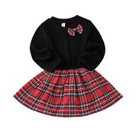 3-color New Autumn Long-sleeved Round Neck Lattice Bow Stitching Christmas Girls Dress sku image 3