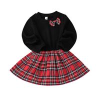 3-color New Autumn Long-sleeved Round Neck Lattice Bow Stitching Christmas Girls Dress sku image 1