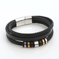 Classical Color Block Stainless Steel Pu Leather Handmade Men's Bangle main image 5