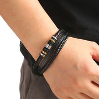 Classical Color Block Stainless Steel Pu Leather Handmade Men's Bangle main image 4