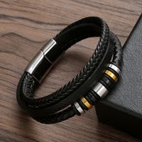 Classical Color Block Stainless Steel Pu Leather Handmade Men's Bangle main image 3