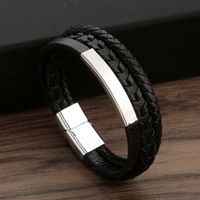 Classical Luxurious Color Block Stainless Steel Pu Leather Alloy Braid Men's Bangle main image 6