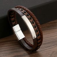 Classical Luxurious Color Block Stainless Steel Pu Leather Alloy Braid Men's Bangle sku image 1