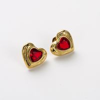 1 Pair Sweet Heart Shape Inlay 304 Stainless Steel Rhinestones 14K Gold Plated Ear Studs main image 2