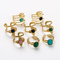 304 Stainless Steel 14K Gold Plated Retro Inlay Oval Flower Artificial Gemstones Turquoise Shell Open Rings main image 1