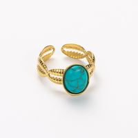 304 Stainless Steel 14K Gold Plated Retro Inlay Oval Flower Artificial Gemstones Turquoise Shell Open Rings main image 9