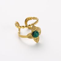 304 Stainless Steel 14K Gold Plated Retro Inlay Oval Flower Artificial Gemstones Turquoise Shell Open Rings main image 6