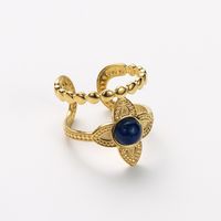 304 Stainless Steel 14K Gold Plated Retro Inlay Oval Flower Artificial Gemstones Turquoise Shell Open Rings main image 8