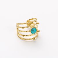 304 Stainless Steel 14K Gold Plated Retro Inlay Oval Flower Artificial Gemstones Turquoise Shell Open Rings main image 5