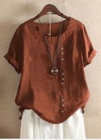 Women's T-shirt Short Sleeve T-shirts Button Casual Vintage Style Solid Color main image 3