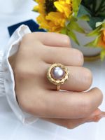 Retro Round Copper Plating Inlay Freshwater Pearl Rings sku image 5