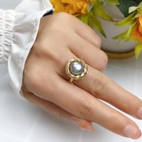 Retro Round Copper Plating Inlay Freshwater Pearl Rings main image 5