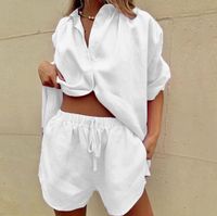 Women's Casual Solid Color Linen Cotton Blend Pocket Shorts Sets main image 5
