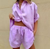Women's Casual Solid Color Linen Cotton Blend Pocket Shorts Sets main image 2