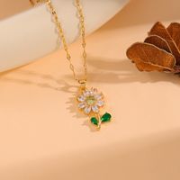 Stainless Steel 18K Gold Plated Simple Style Plating Inlay Flower Rhinestones Pendant Necklace main image 7
