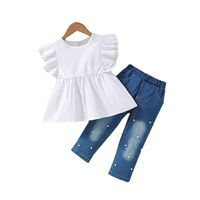 Simple Style Solid Color Pearl Ruffles Cotton Girls Clothing Sets main image 3