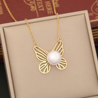Stainless Steel 18K Gold Plated Commute Inlay Butterfly Artificial Pearls Bracelets Earrings Necklace sku image 3