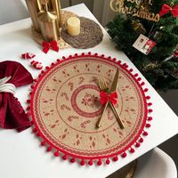Jute Round Placemat Cotton Linen Dining Table Cushion Shooting Props Heat Proof Mat Christmas Fur Ball Vintage Weave Table Coaster sku image 24