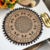 Jute Round Placemat Cotton Linen Dining Table Cushion Shooting Props Heat Proof Mat Christmas Fur Ball Vintage Weave Table Coaster sku image 17