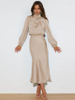 Women's Party Dress Elegant High Neck Long Sleeve Solid Color Midi Dress Banquet sku image 3