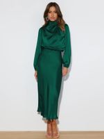 Women's Party Dress Elegant High Neck Long Sleeve Solid Color Midi Dress Banquet sku image 5