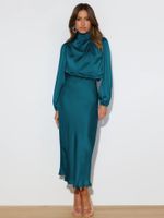 Women's Party Dress Elegant High Neck Long Sleeve Solid Color Midi Dress Banquet sku image 14