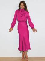 Frau Party Kleid Elegant Hoher Hals Lange Ärmel Einfarbig Midi-kleid Bankett sku image 21