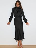 Women's Party Dress Elegant High Neck Long Sleeve Solid Color Midi Dress Banquet sku image 11