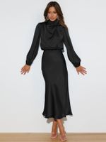 Party Dress Simple Style Standing Collar Pleated Long Sleeve Solid Color Midi Dress Party Street sku image 11