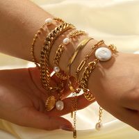 Retro Geometric Stainless Steel 18K Gold Plated Freshwater Pearl Bracelets In Bulk main image 3