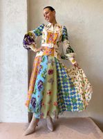 Women's Swing Dress Casual Ethnic Style Turndown Printing Long Sleeve Geometric Maxi Long Dress Travel Daily sku image 2
